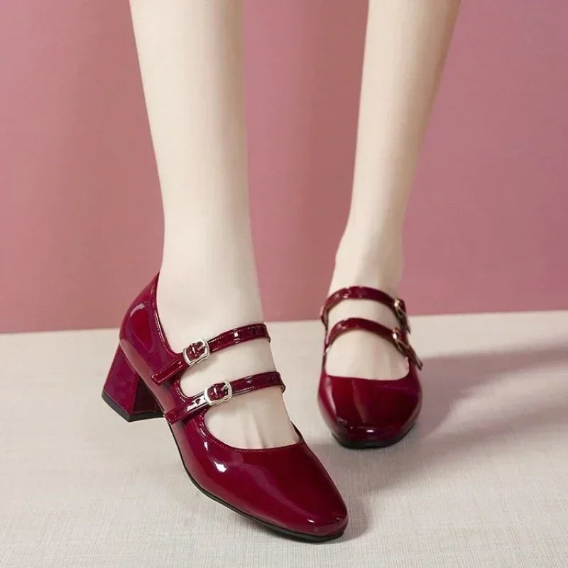 Square-Toe Double-Buckle Patent Leather Chunky Heel Shoes
