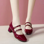 Square-Toe Double-Buckle Patent Leather Chunky Heel Shoes