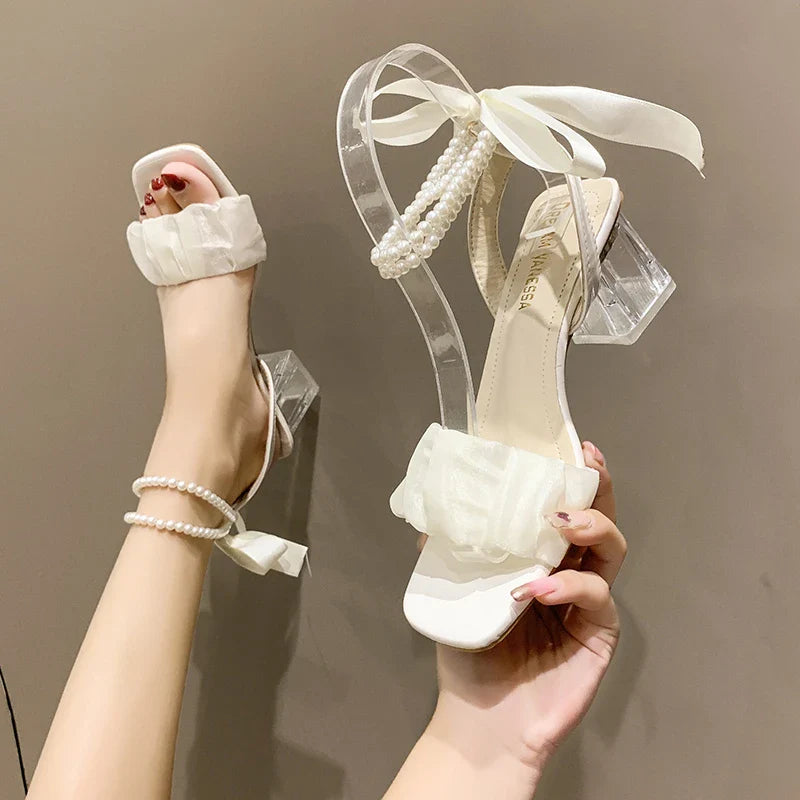 French Evening Wind Niche Pearl High-heeled Sandals